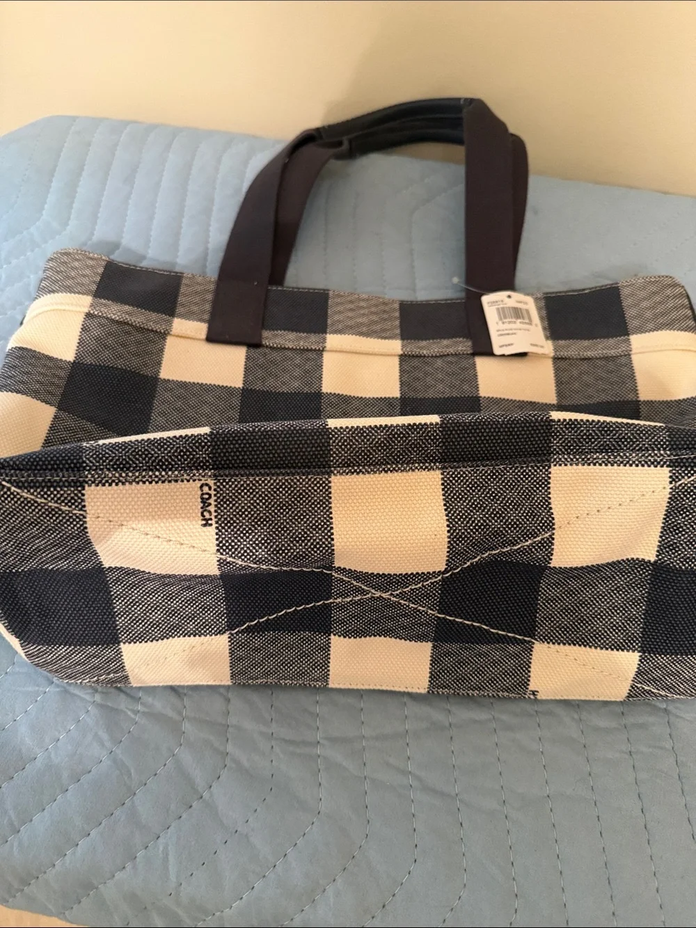 Coach Cream and Blue Buffalo Check Canvas Tote with Long Straps